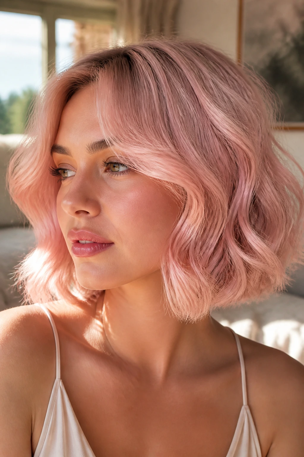 Close-up of a real woman with champagne pink soft-wave bob catching sunlight