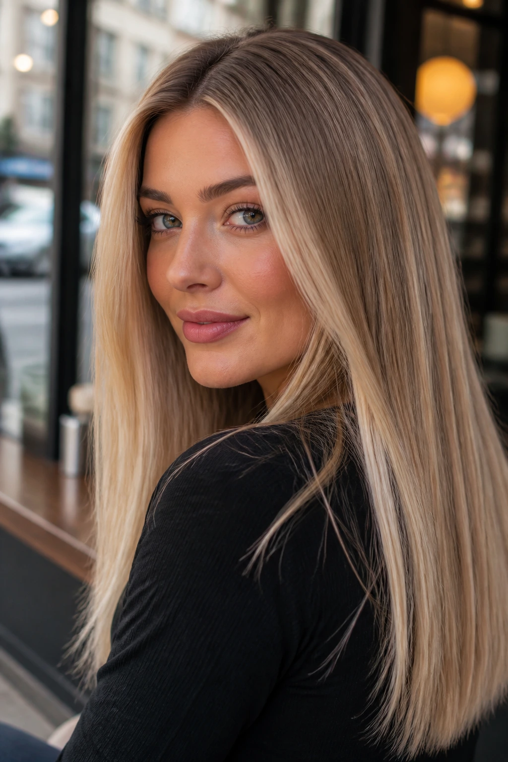 Portrait of a person with champagne-toasted beige hair framing the face.