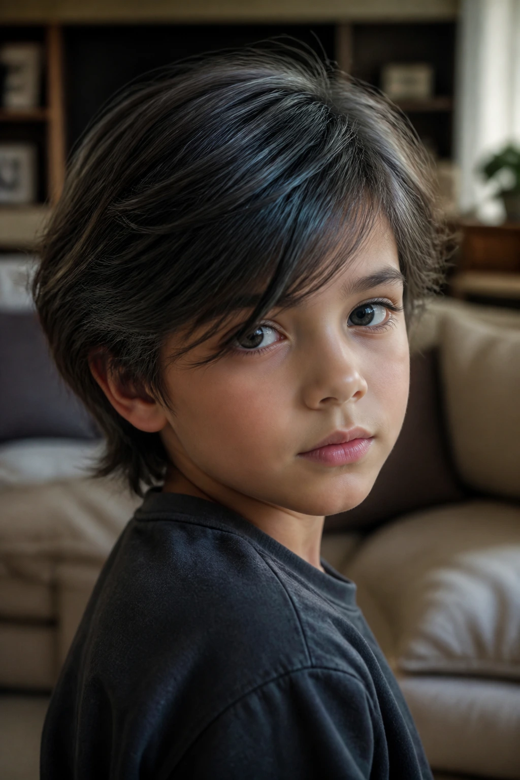 Close-up of a child with charcoal gray hair tint