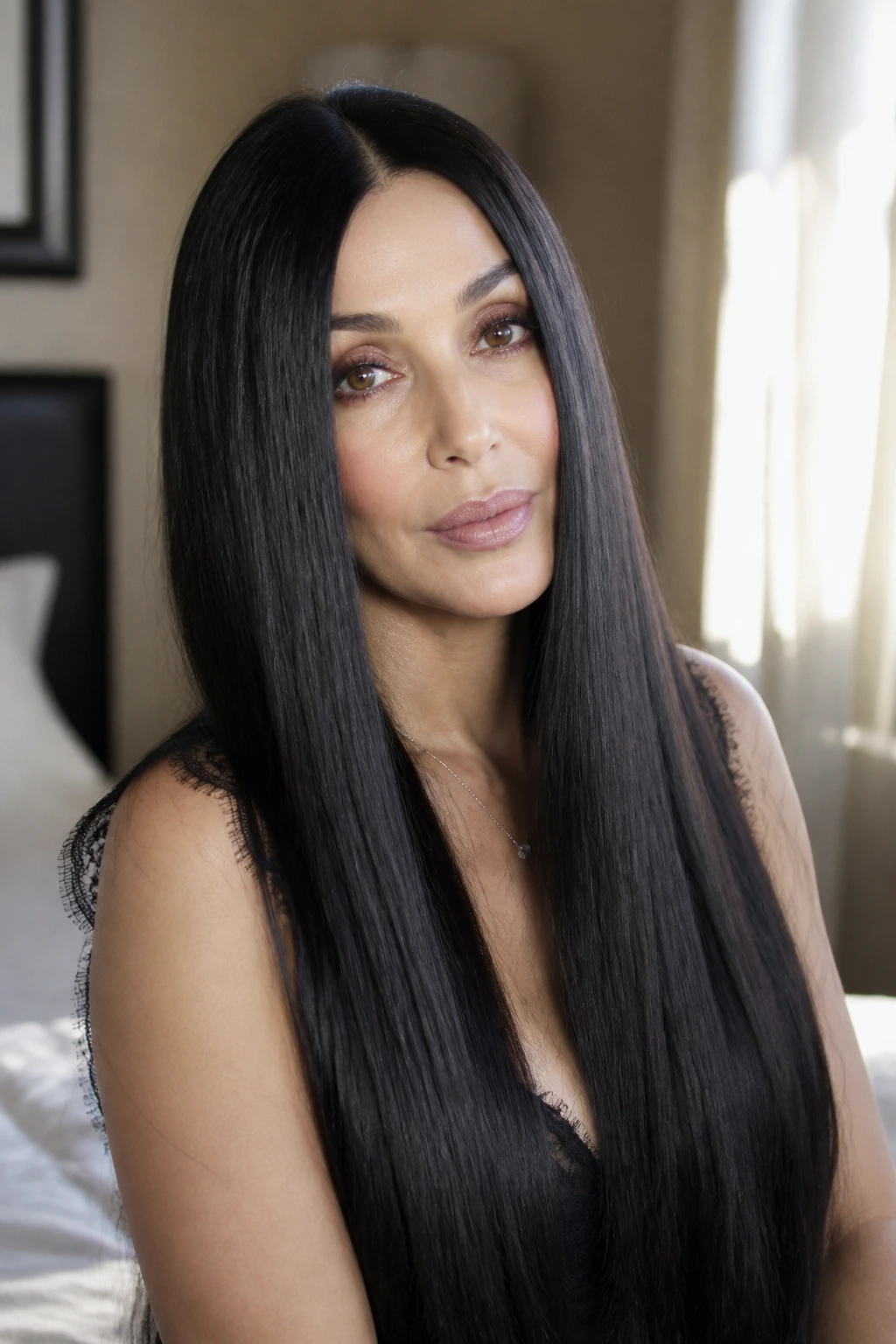 Close-up portrait of a real woman with ultra-long straight hair, middle part, glossy finish
