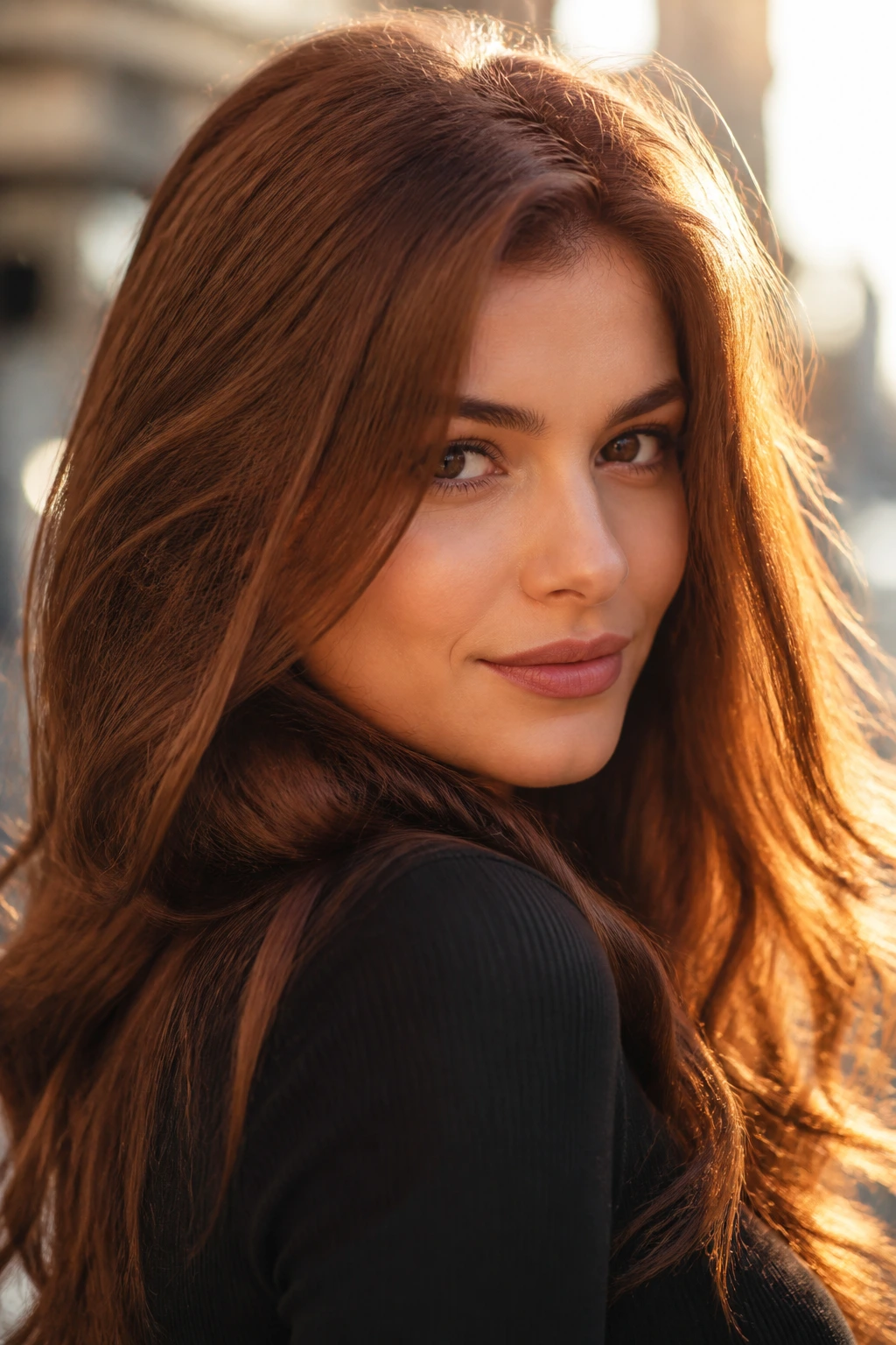 Close-up of a real person with chestnut brown hair highlighting red-gold undertones.