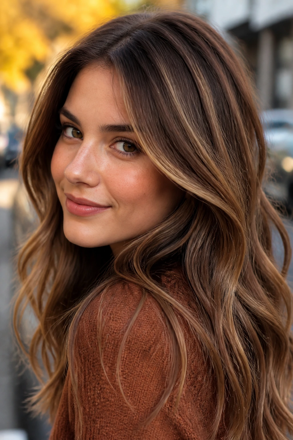 Close-up portrait of a real person with chestnut hair and honey frosting highlights in autumn sunlight