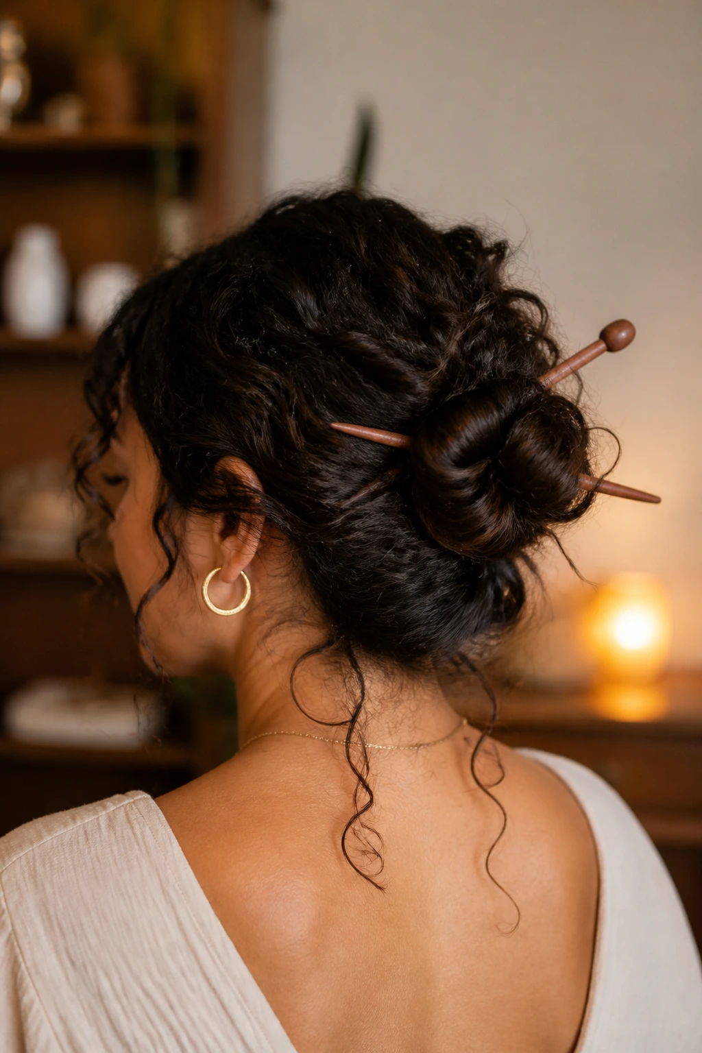 Close-up of a real woman wearing a messy chignon secured with hair sticks.