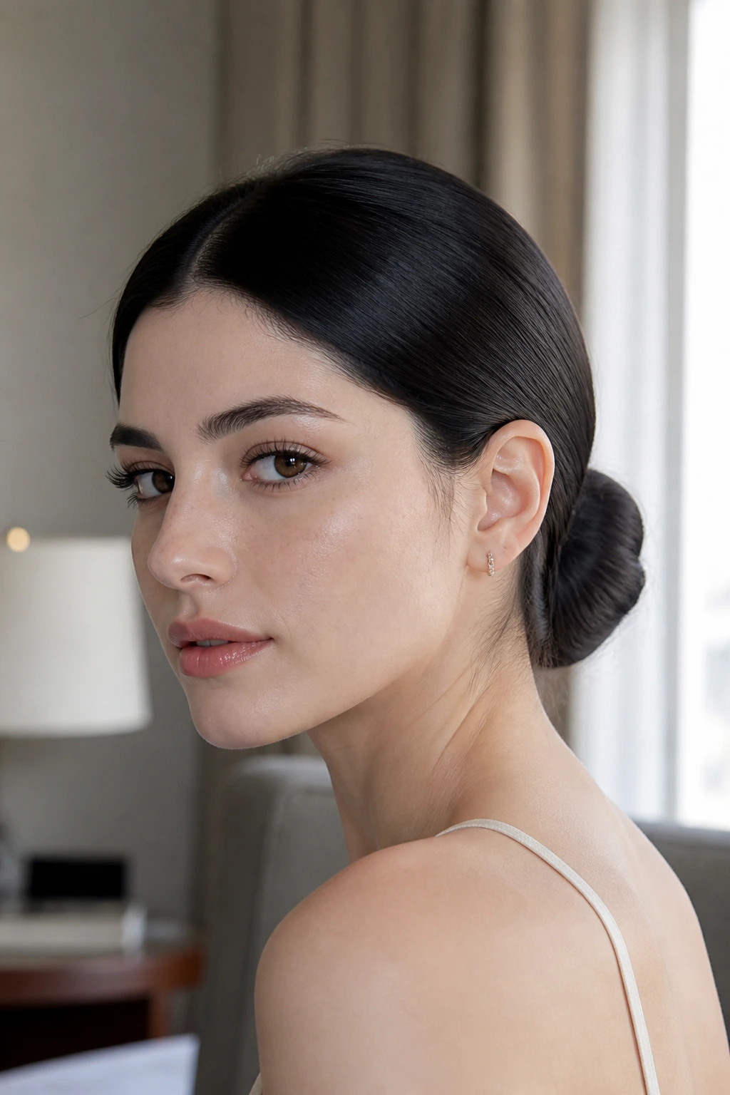 Close-up of a real woman with a sleek low chignon against pale skin in warm window light.