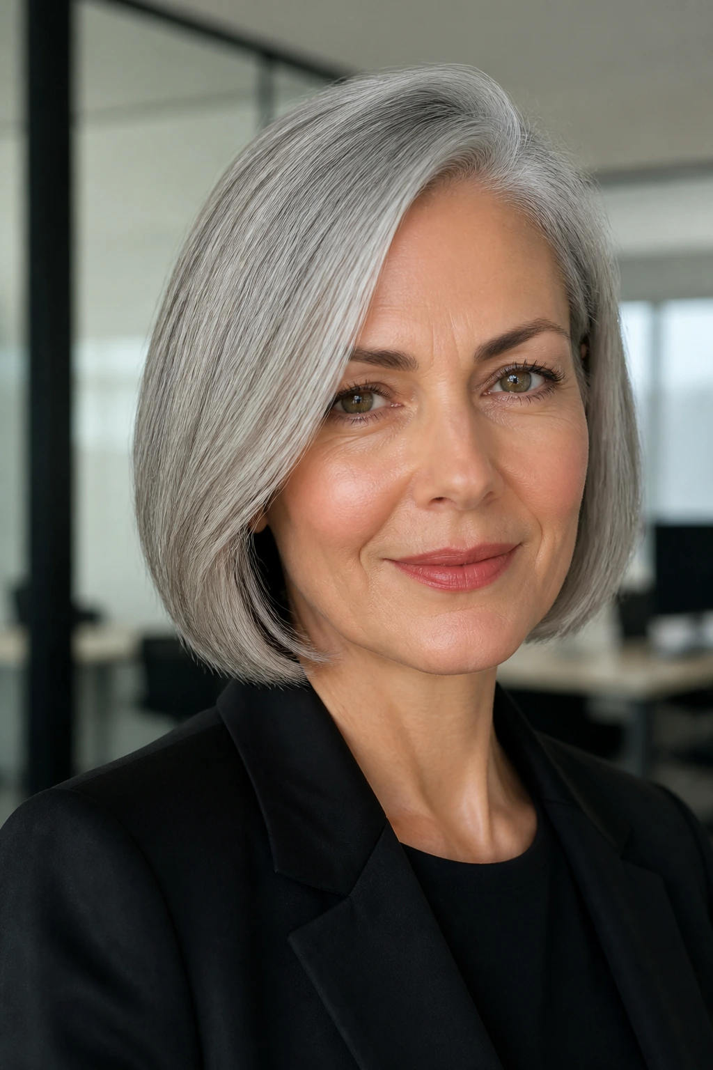 Real person with a side-parted chin-length grey bob in an office setting.
