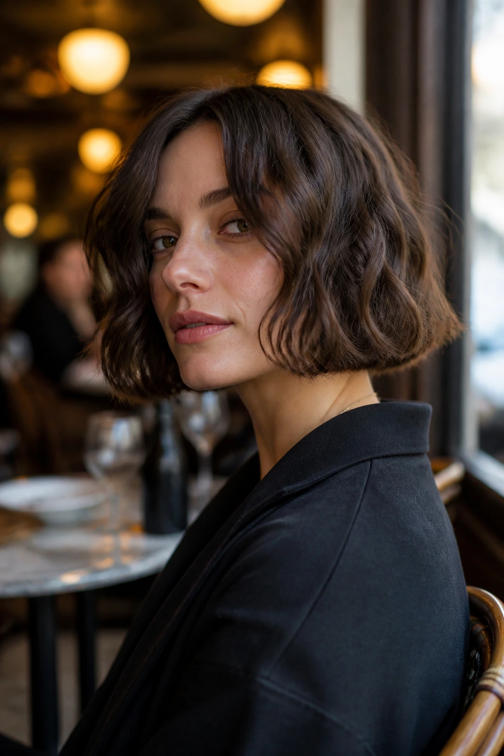 Close-up portrait of a woman with a chin-length blunt bob on wavy hair in a Parisian cafe