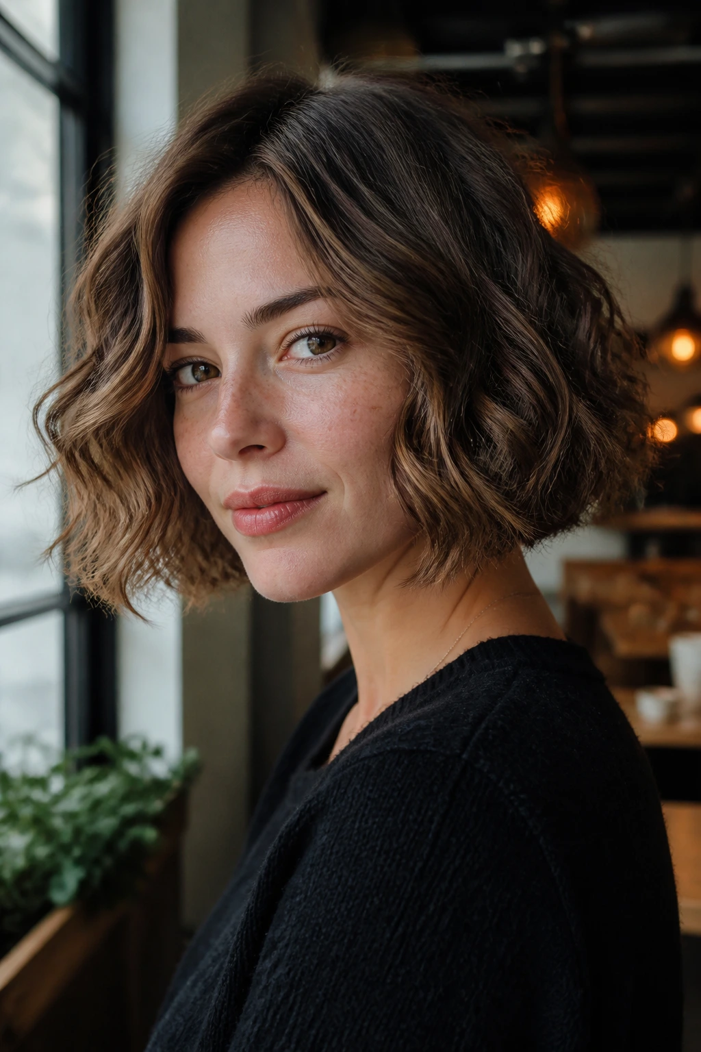 Close-up portrait of a real woman with chin-length bob in cafe setting