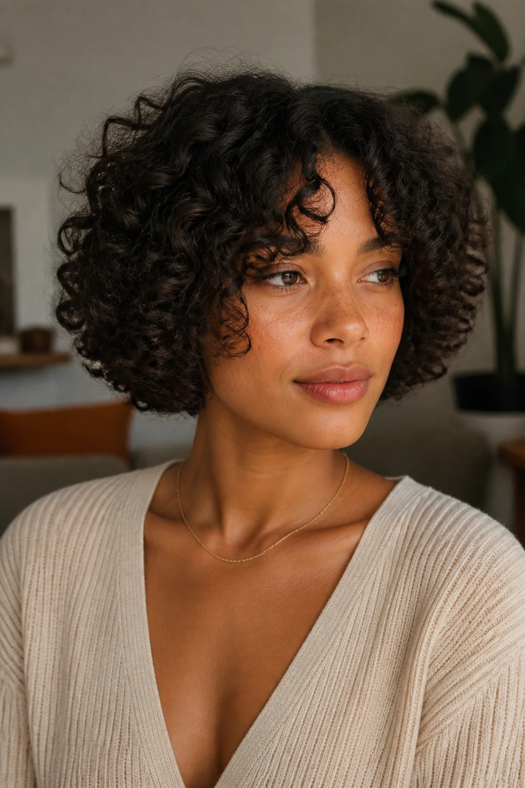 Close-up portrait of a real woman with chin-length curly bob and curtain bangs by window light.
