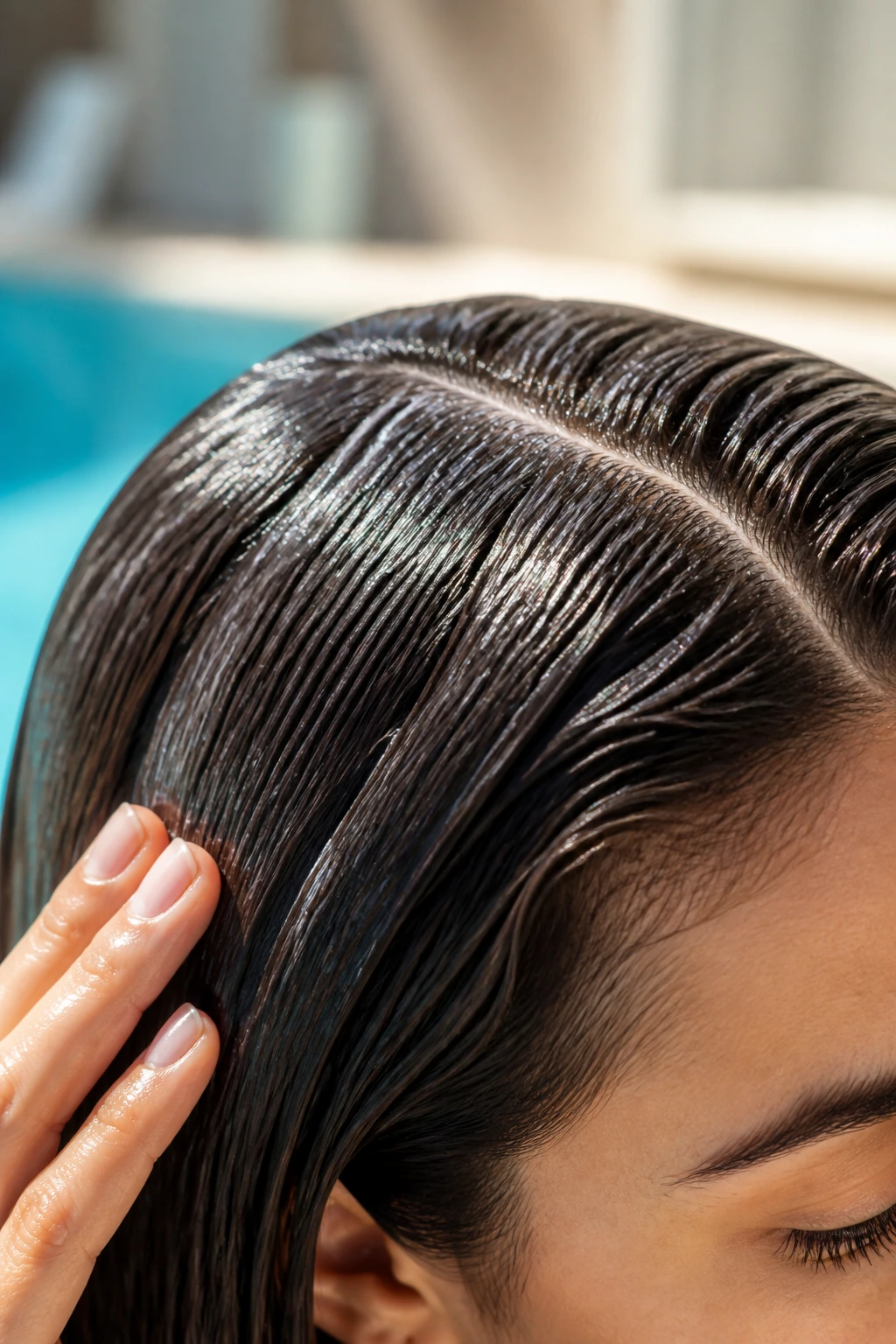 Close-up of real hair with coconut oil barrier protecting against chlorine