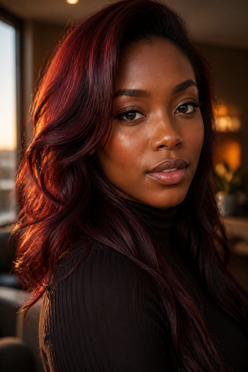Portrait of a woman with chocolate cherry hair showing red-violet sheen