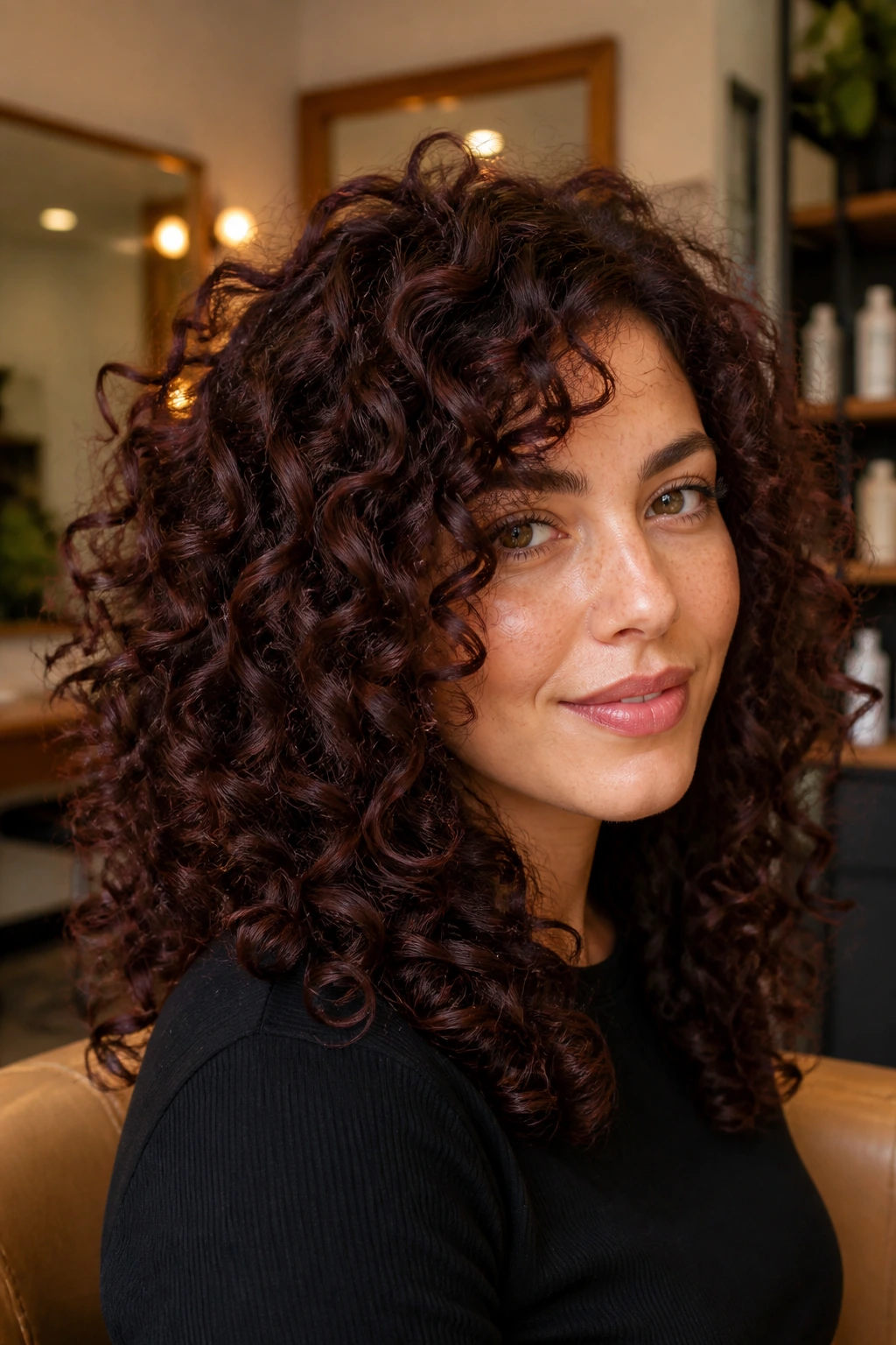 Curly hair in chocolate brown with cherry undertones close-up