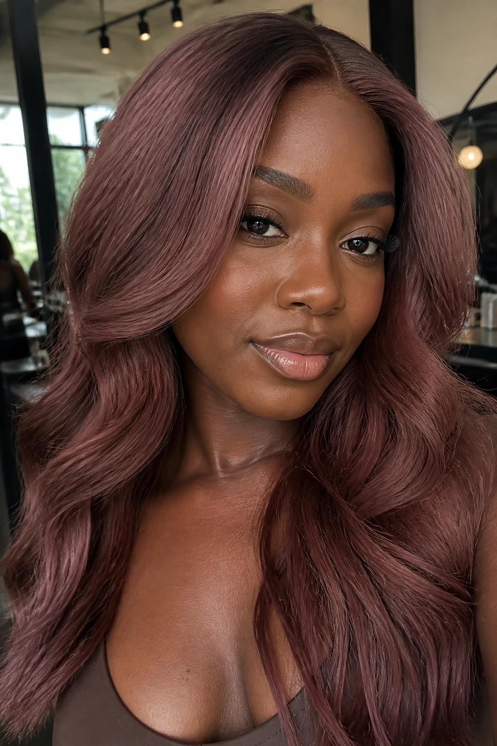 Close-up of a real woman with chocolate mauve hair and dusty rose undertones under soft lighting