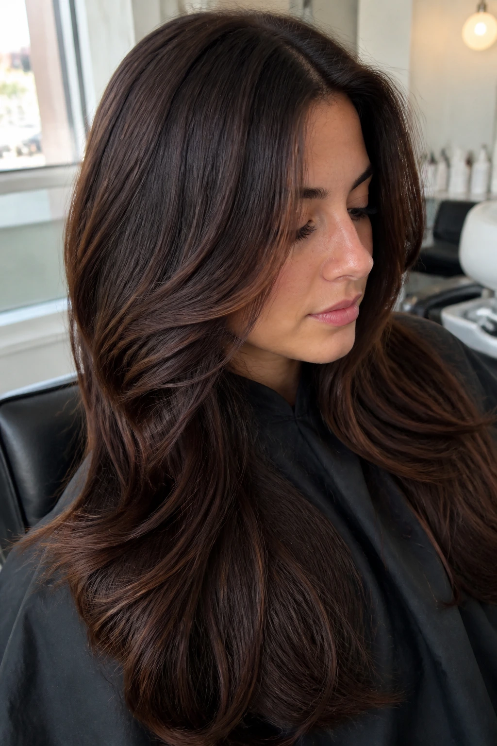 Close-up of a real person's dark chocolate brown hair with mahogany lowlights.