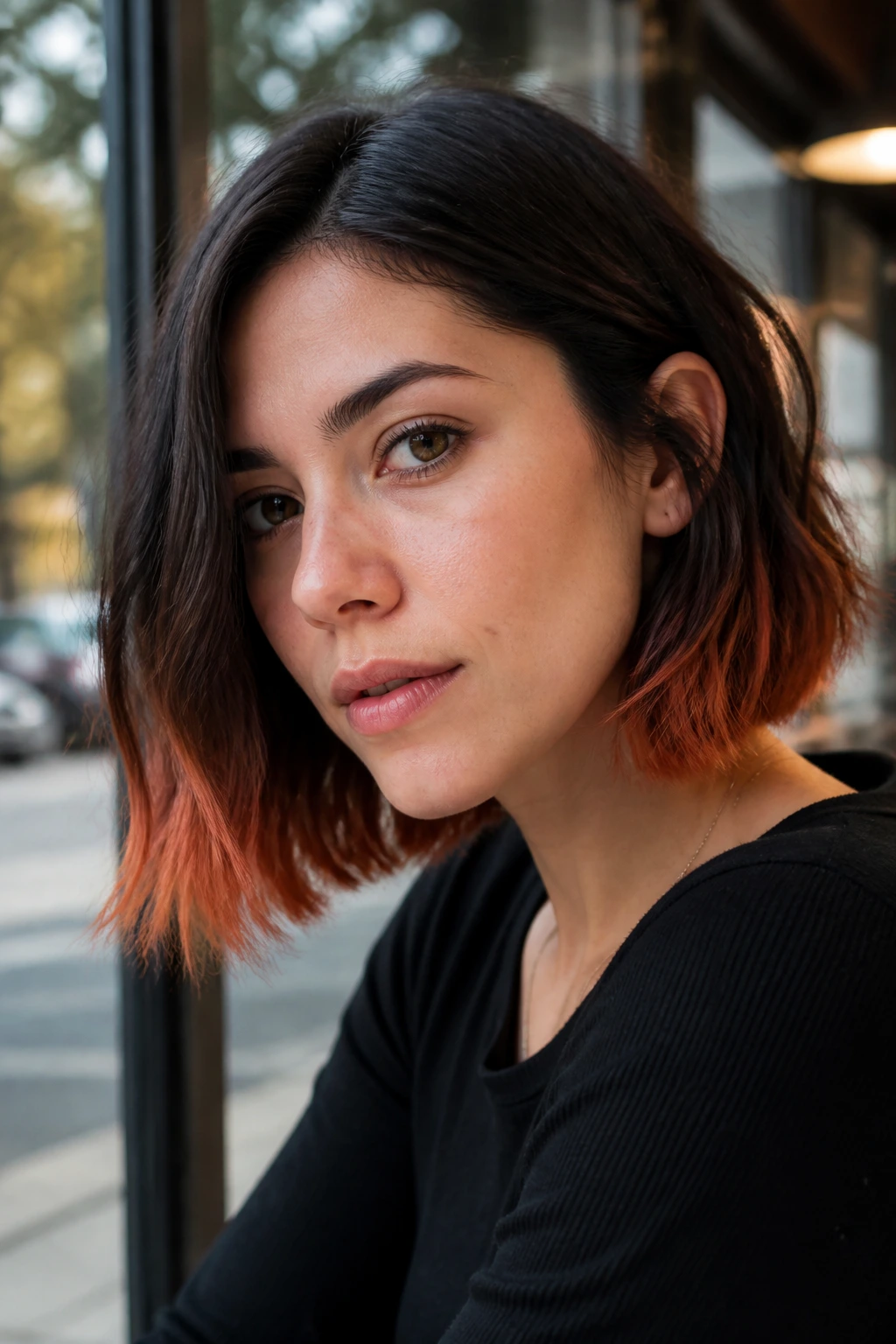 Medium close-up of a real woman with copper-tipped blunt bob