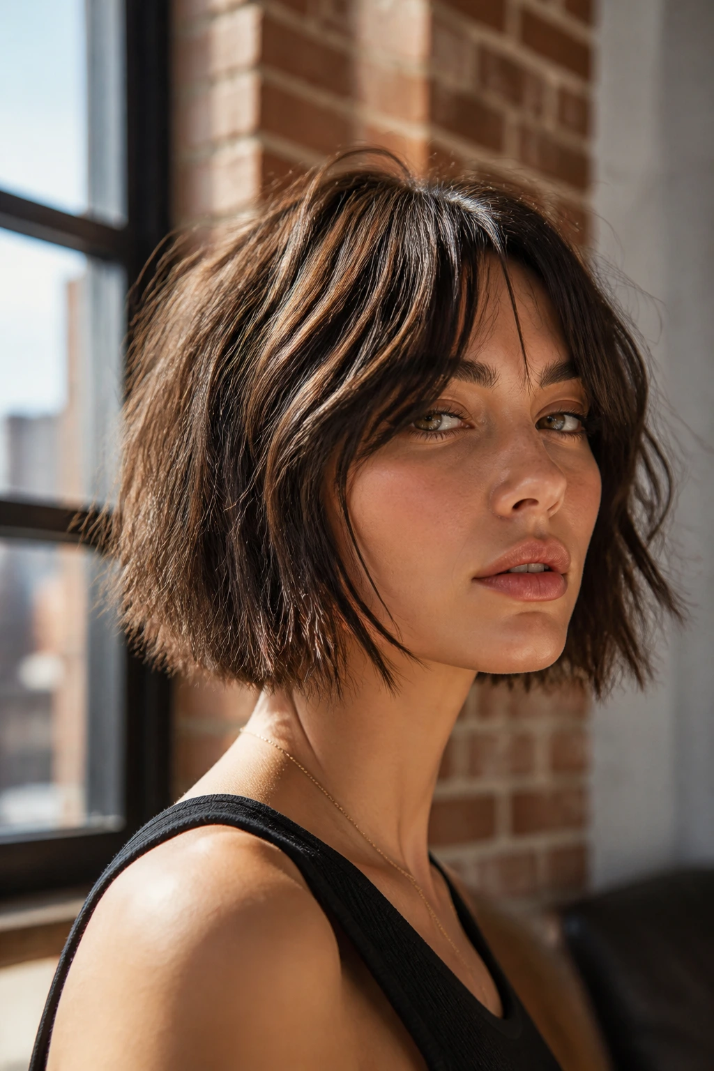 Portrait of a woman with a choppy bob and curtain bangs in an urban loft.