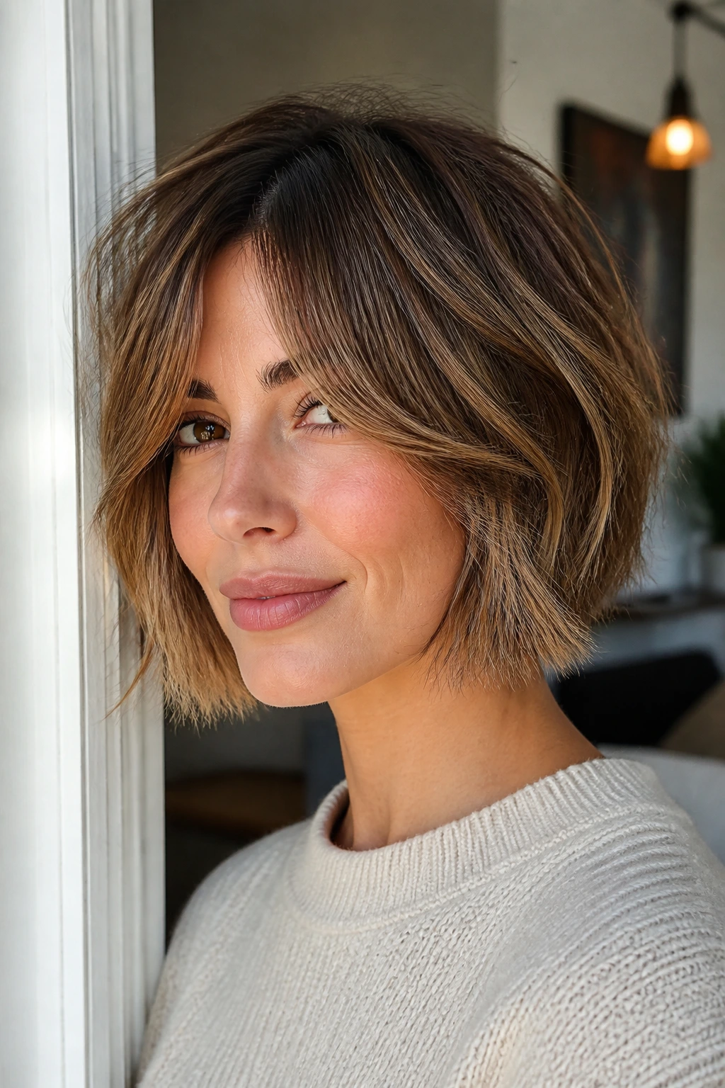 Close-up of a real woman with curtain fringe choppy bob