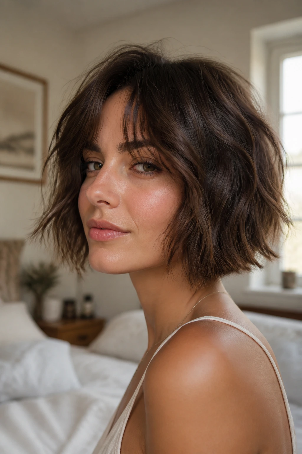 Close-up portrait of a real woman with a choppy texturized bob under warm window light