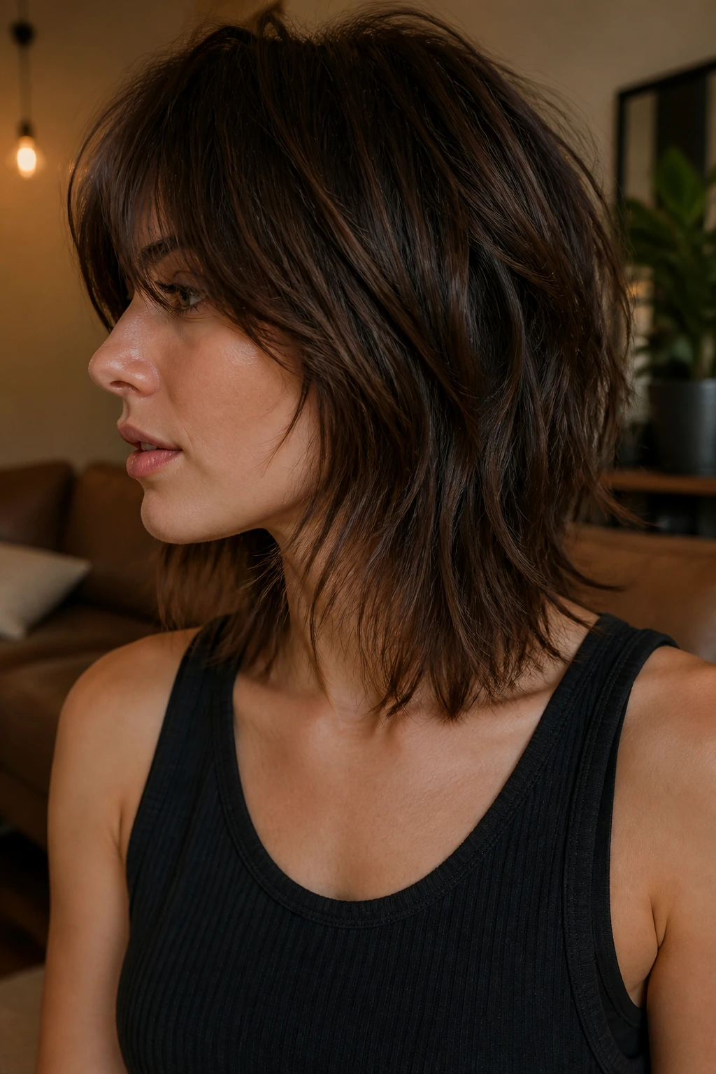 Close-up of a real person with a choppy collarbone shag.