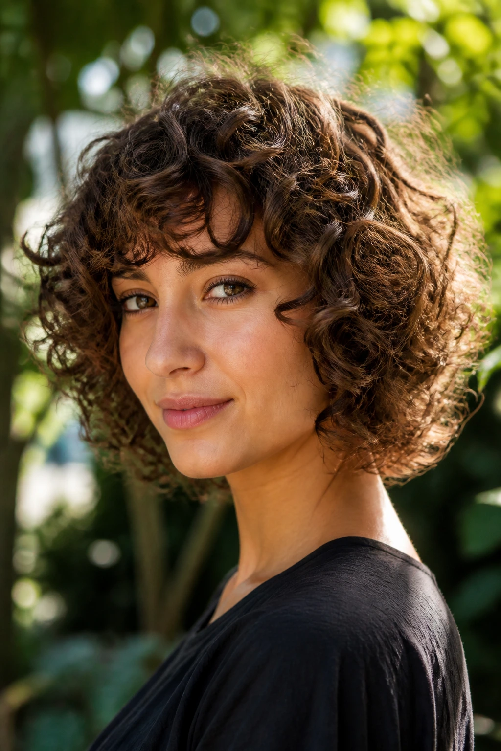 Close-up portrait of a real woman with a choppy curly cut.