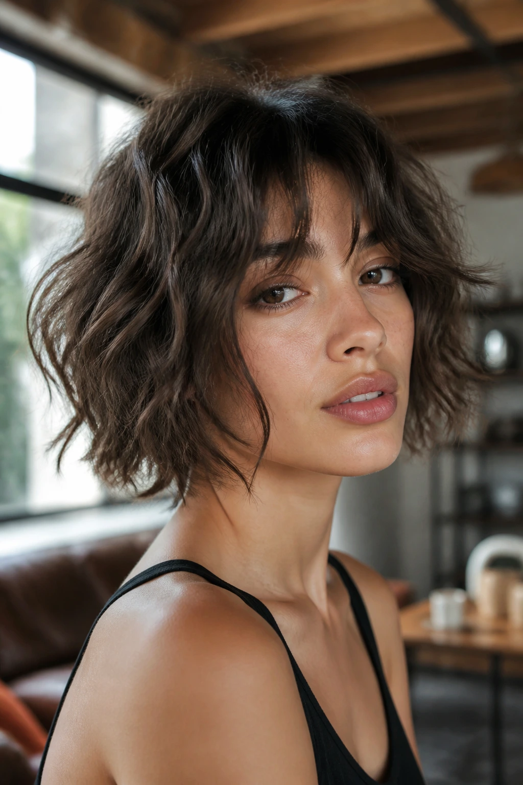 Close-up of a real woman with choppy deconstructed curly bob and piecey curtain bangs.