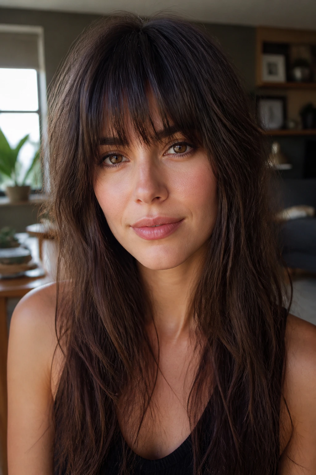 Close-up portrait of a real woman with a choppy fringe and long layers.