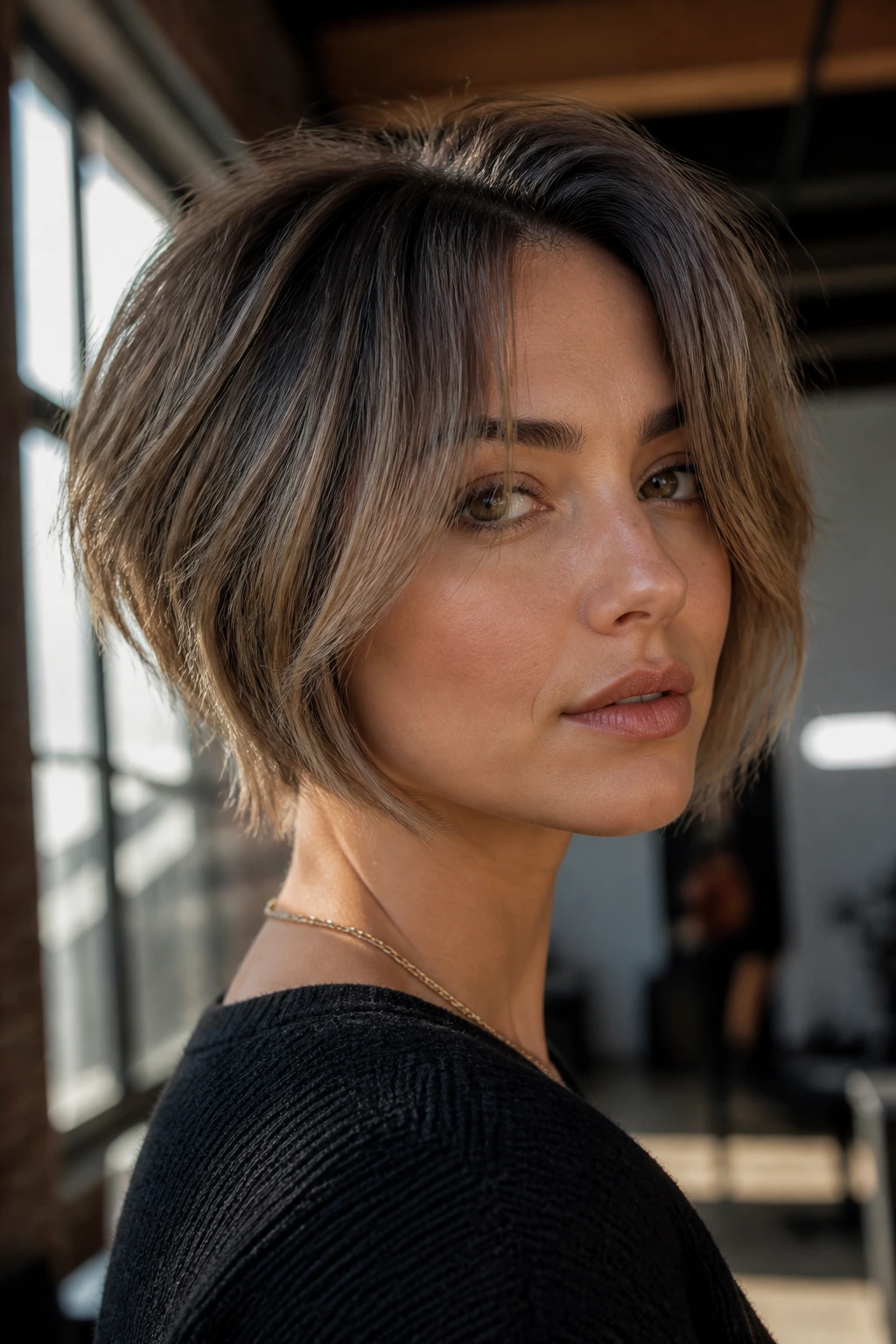 Portrait of a woman with a choppy inverted bob and wispy curtain bangs in a bright loft.