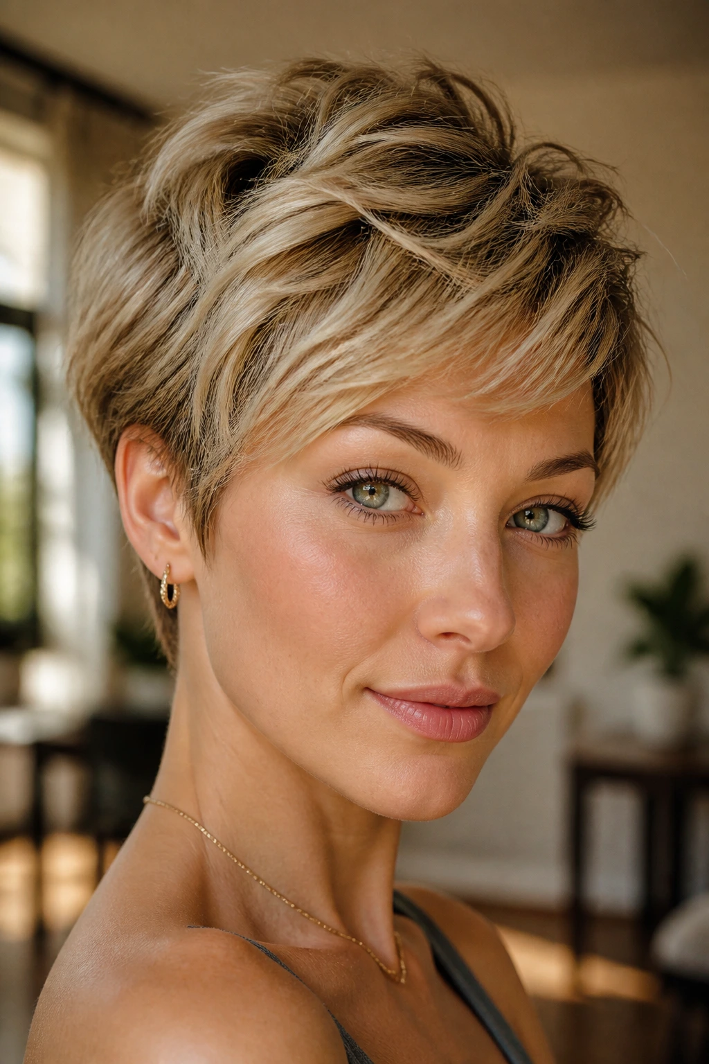Close-up of a real woman with a choppy layered pixie hairstyle