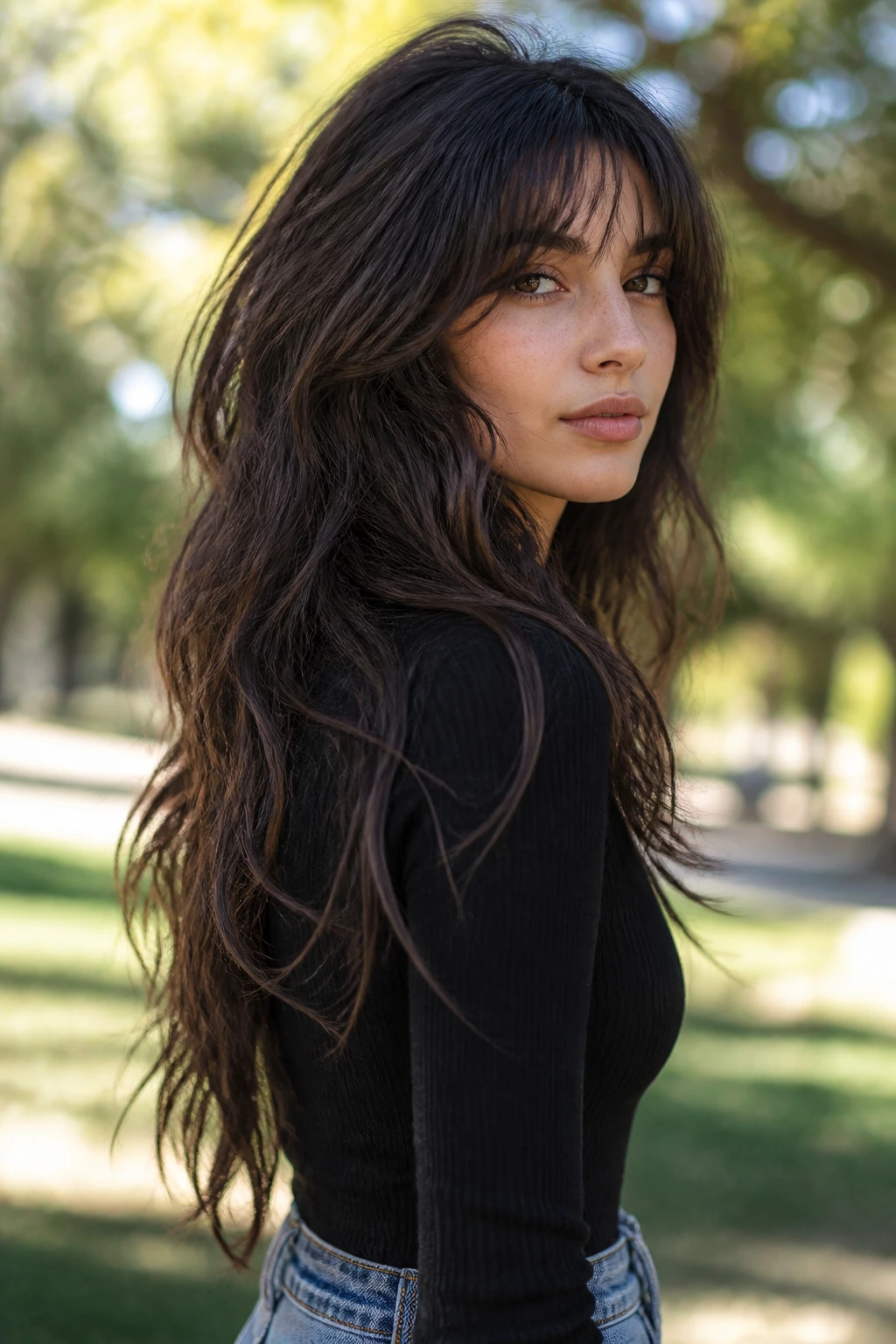 Close-up of a real woman with long textured hair and choppy layers outdoors.