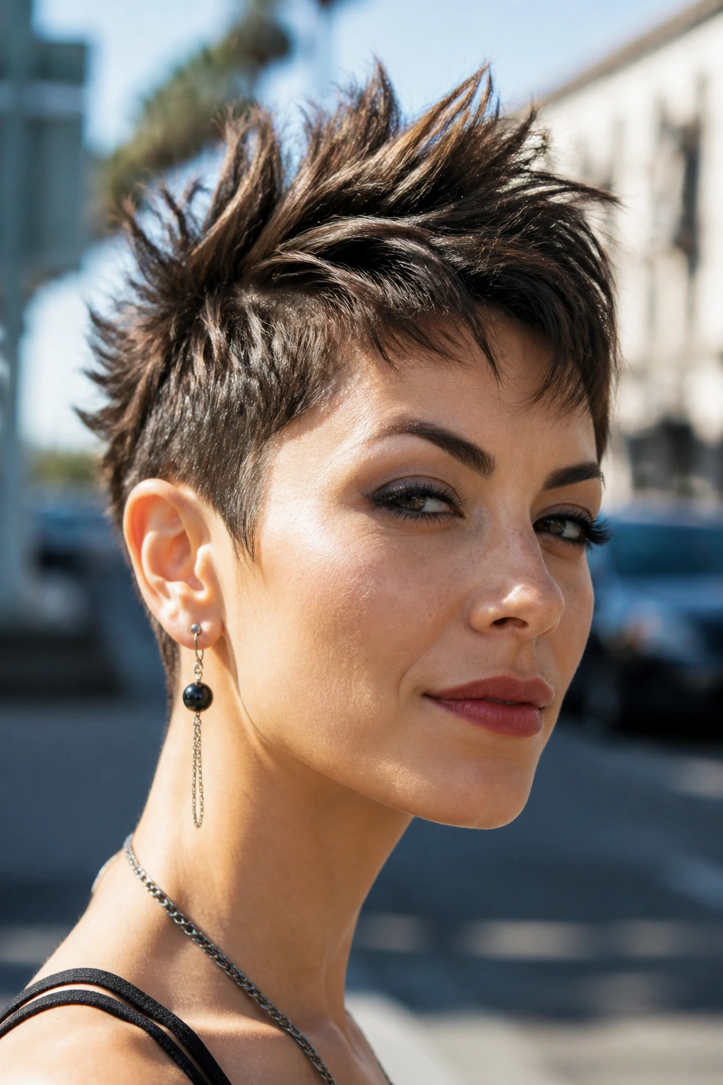 Close-up of a real person with a choppy mohawk-inspired pixie hairstyle on urban street backdrop