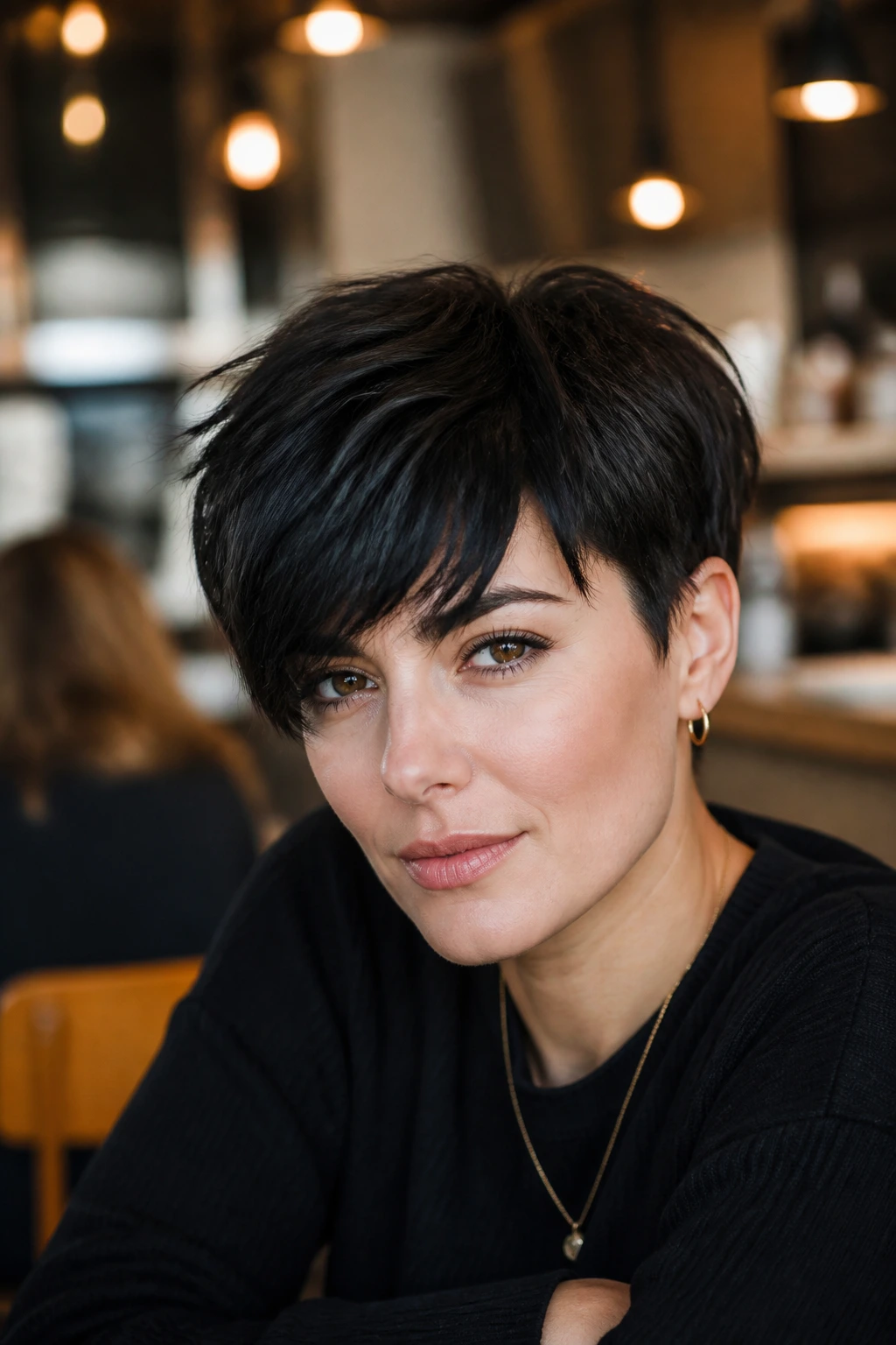 Close-up portrait of a real person with a choppy pixie and longer fringe.