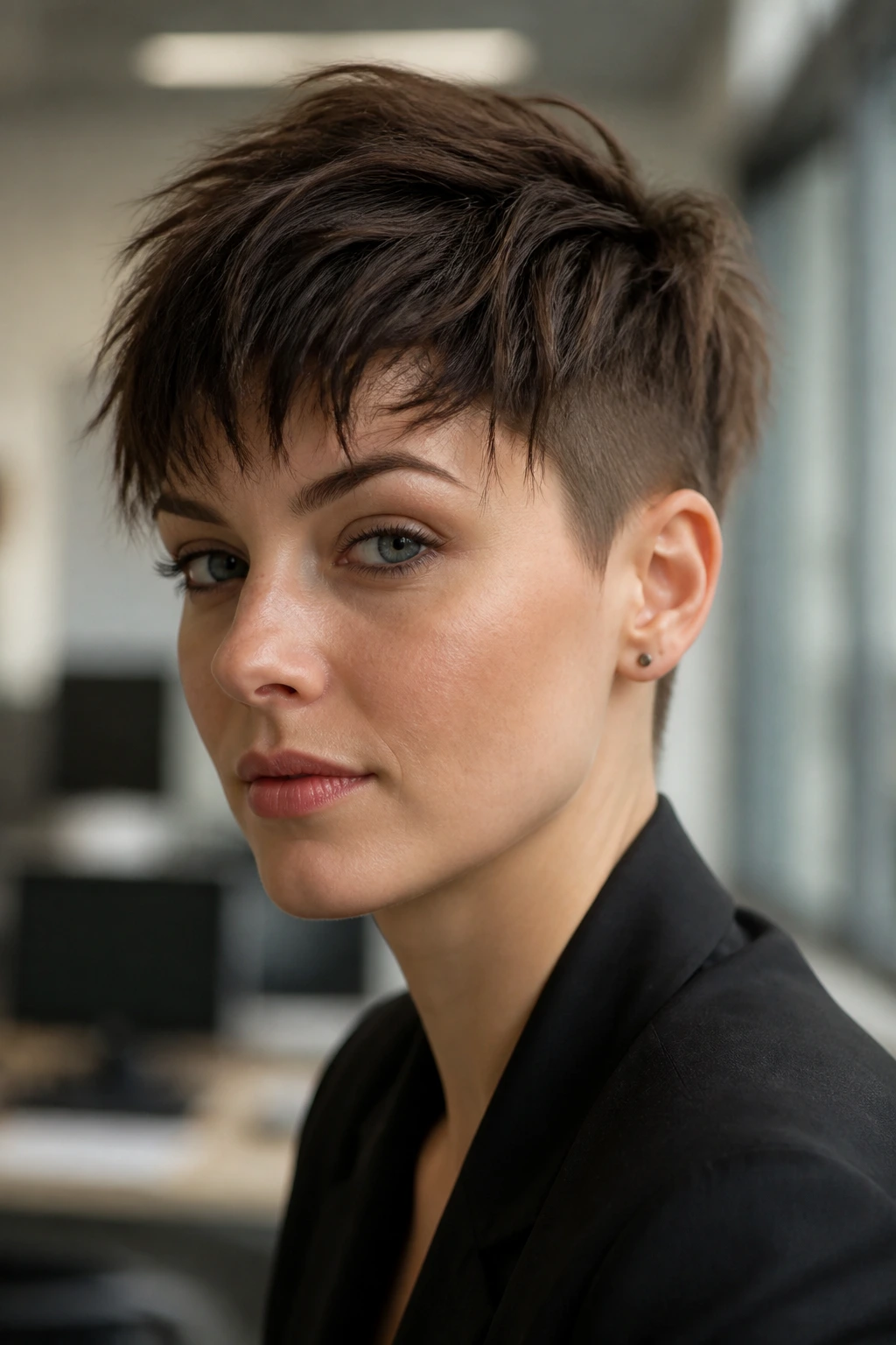 Close-up portrait of a real person with a choppy pixie haircut in an office setting