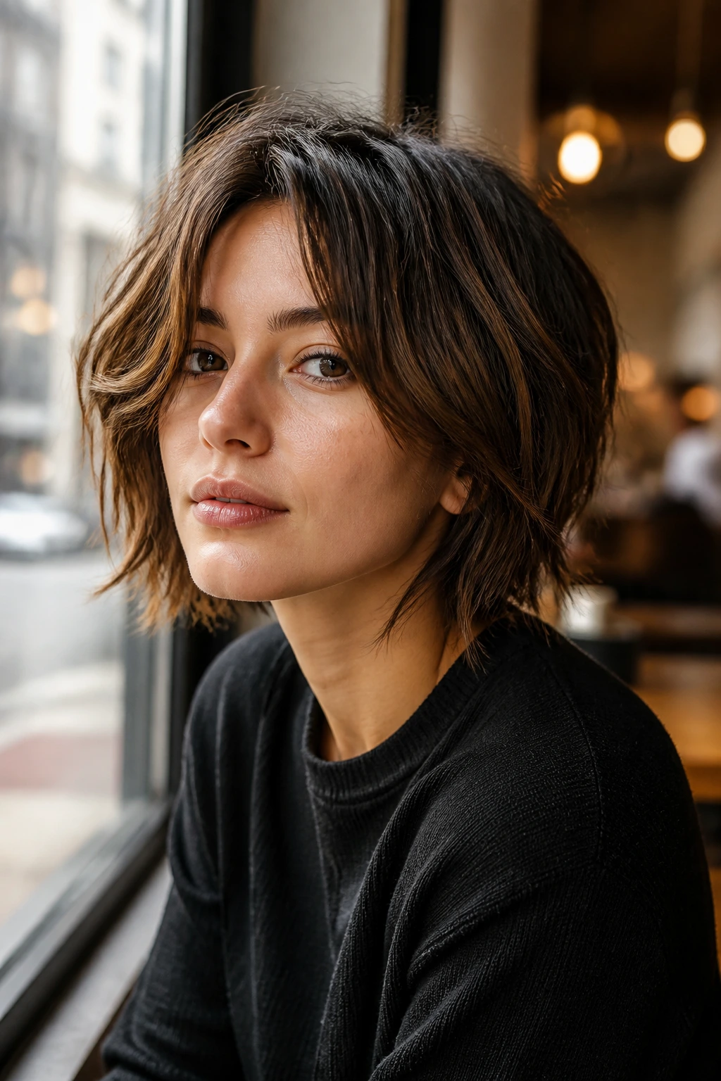 Portrait of a real person with a choppy uneven long bob