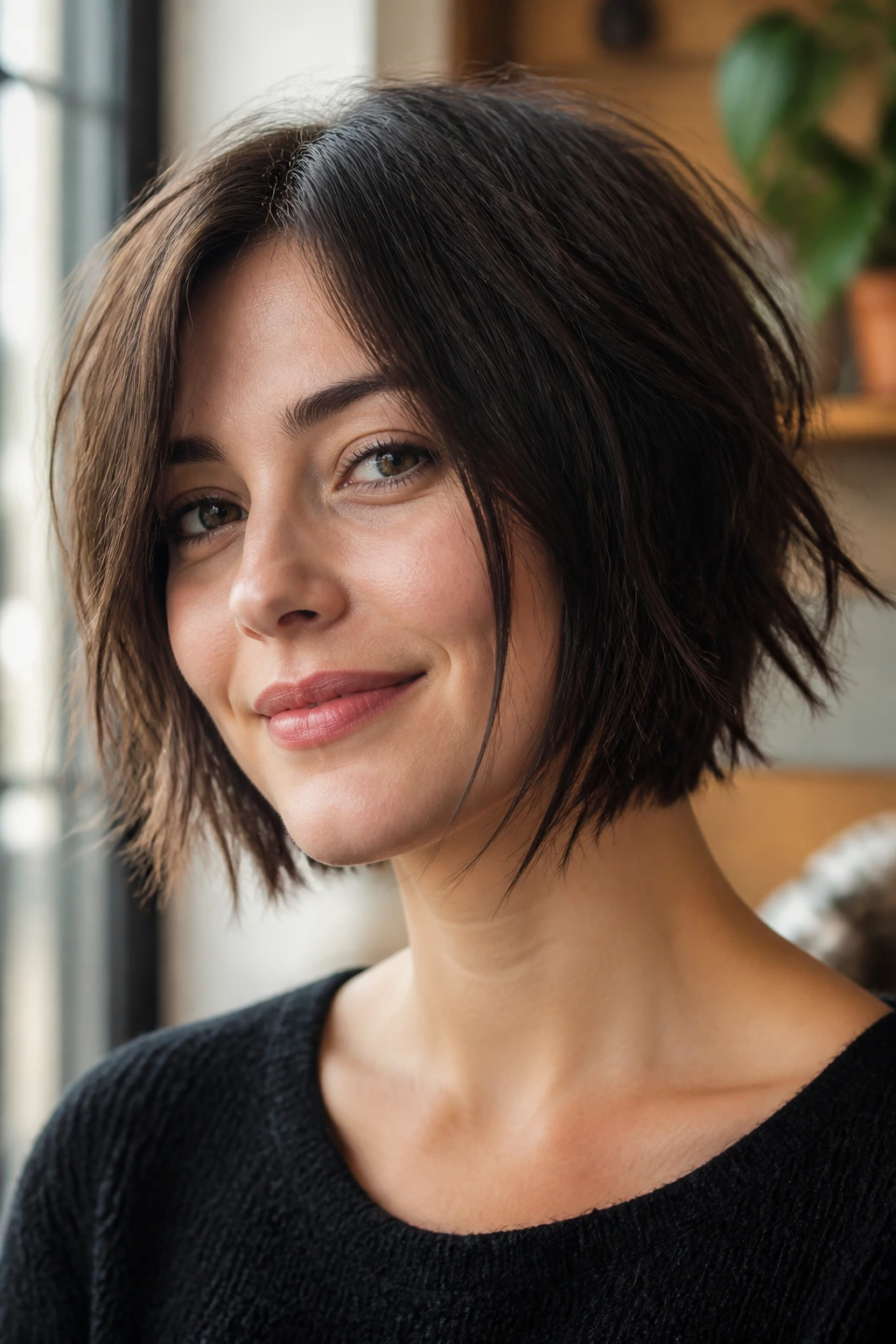 Close-up of a real woman with choppy uneven layers in a bob in a warm salon setting