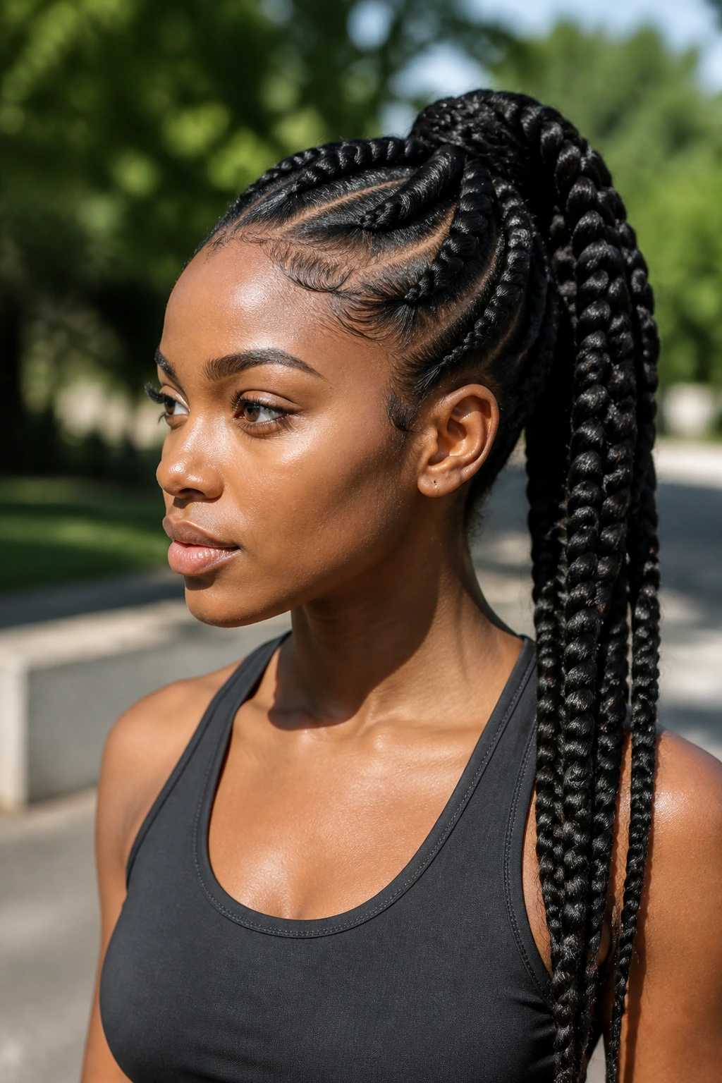 Woman with chunky Ghana braids in a ponytail outdoors