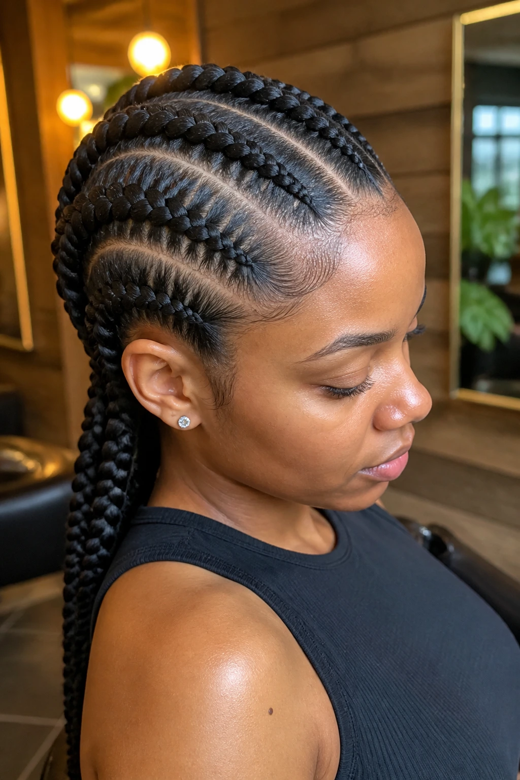 Close-up of a real woman with chunky feed-in braids in a warm salon