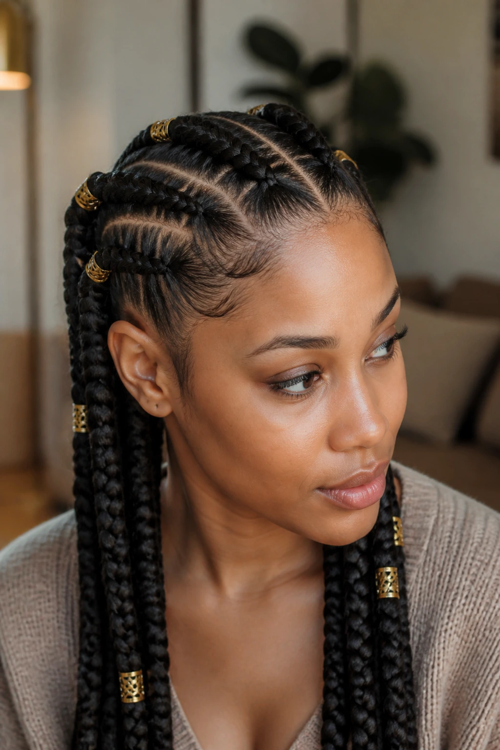 Close-up of a real woman with chunky cornrows and gold cuff embellishments.