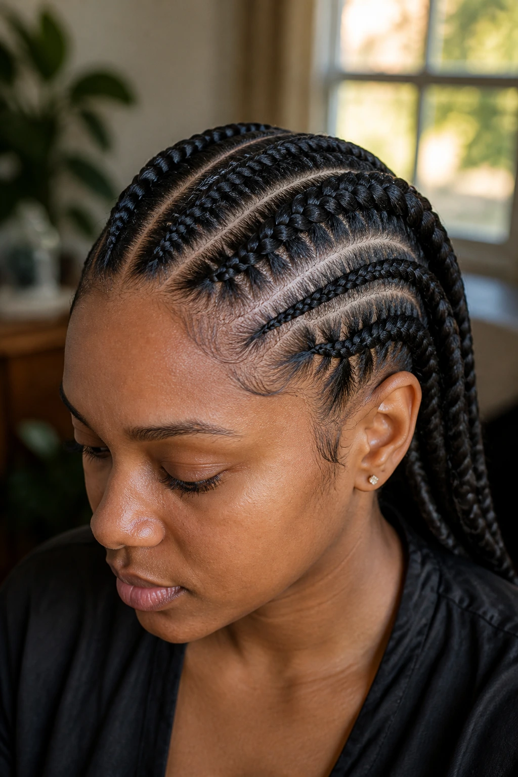 Real woman with chunky cornrows and a side accent braid, close-up portrait