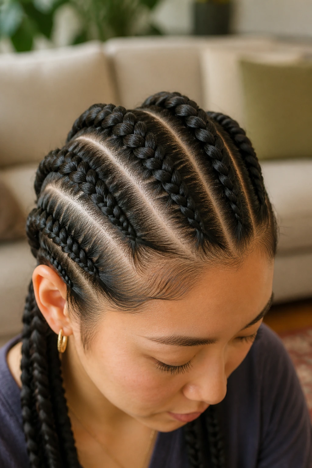 Close-up of thick chunky cornrows on a real person's head