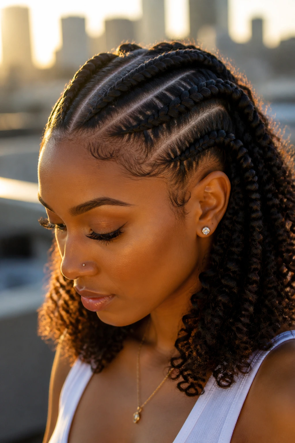 Real woman with chunky cornrows and tight curly ends