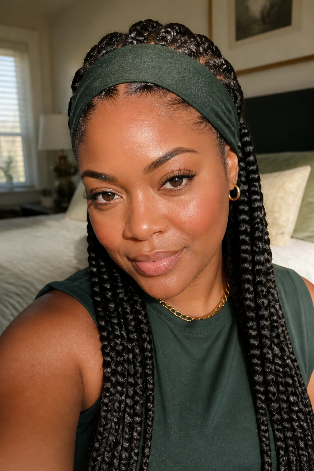 Close-up portrait of a real woman with chunky cornrows starting under a headband