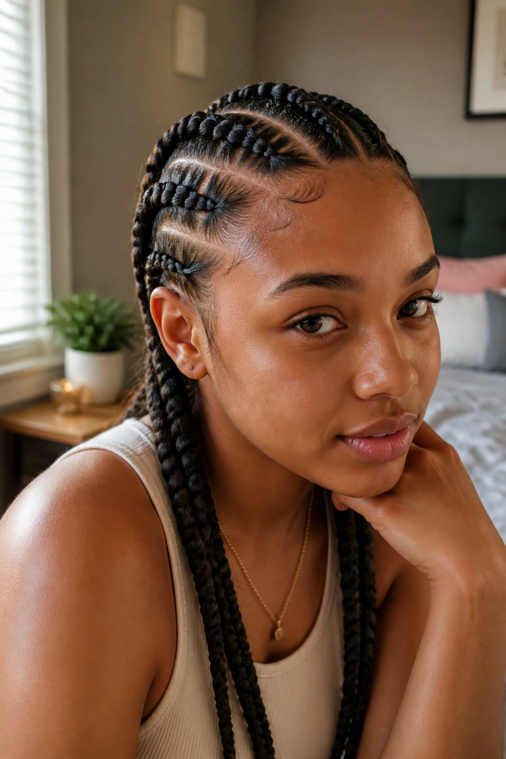 Close-up of real woman with chunky cornrows in natural window light