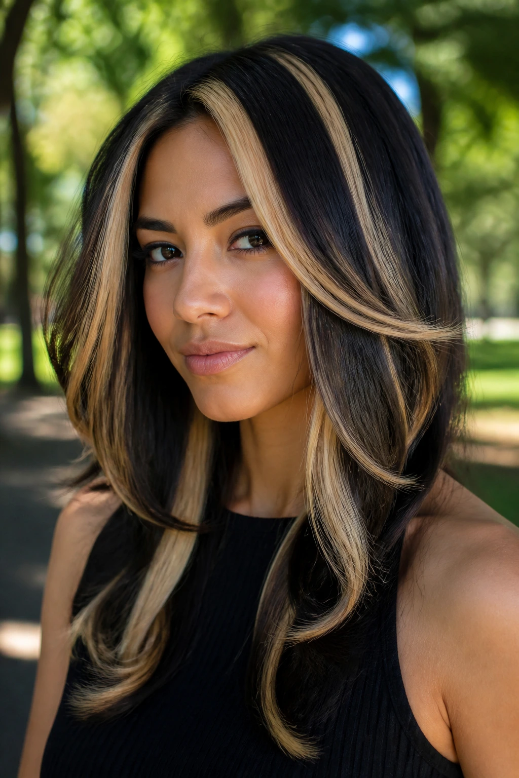 Real person with bold chunky black and gold highlights