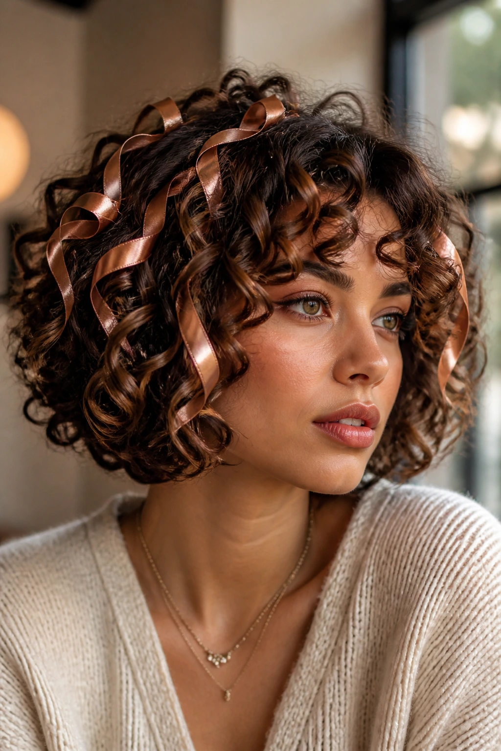 Curly bob with chunky rose gold ribbons woven through the curls