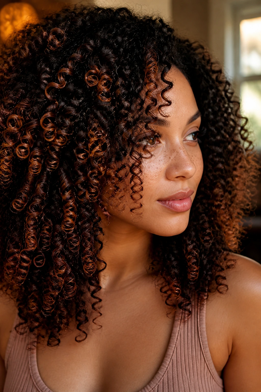 Curly hair with cinnamon spice highlights close-up
