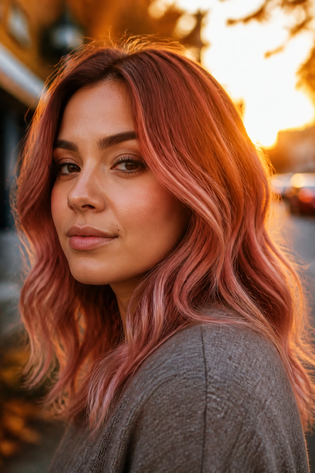 Close-up of cinnamon-pink fusion hair on a real woman