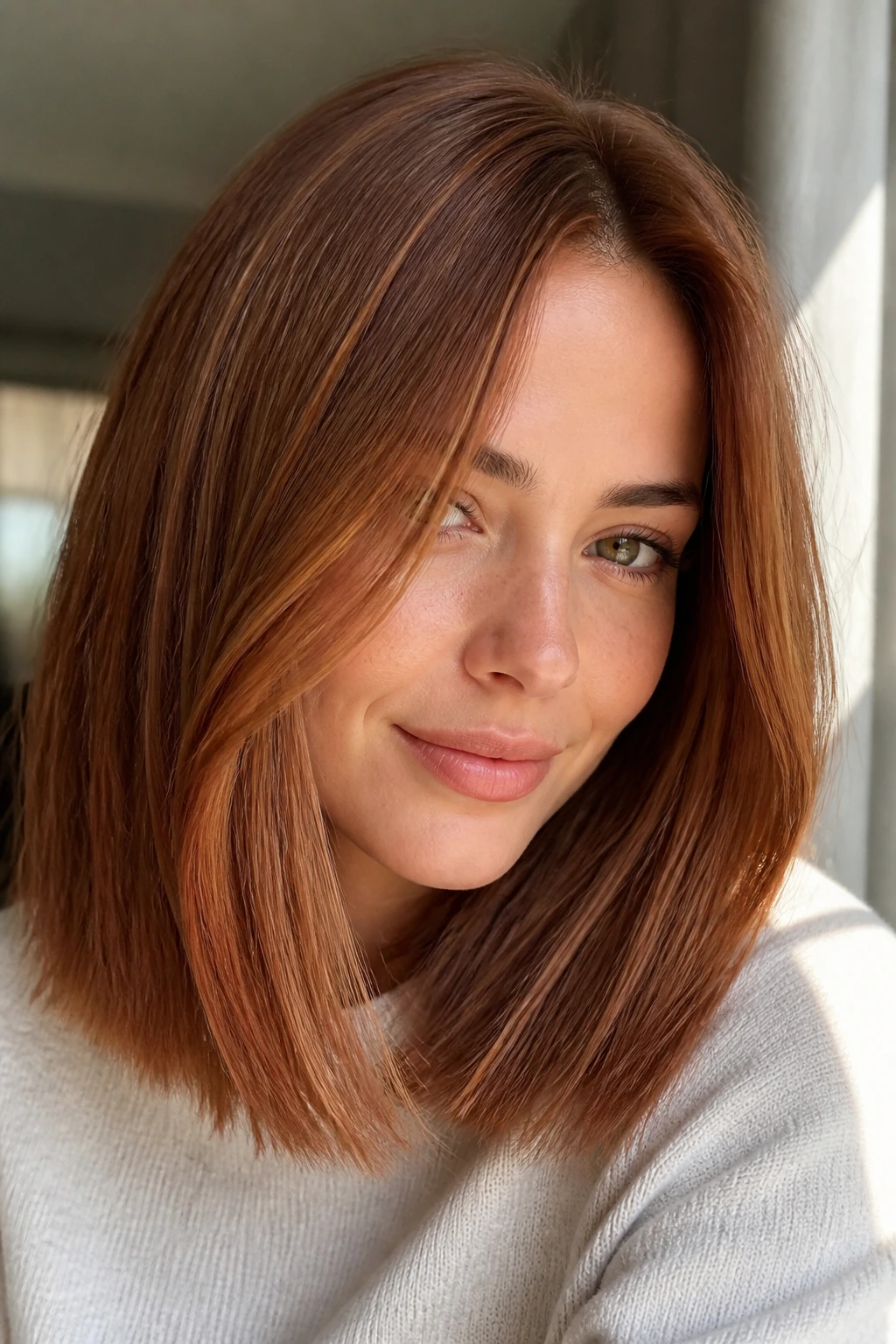 Close-up of cinnamon spice hair on a real person with blunt-cut ends.