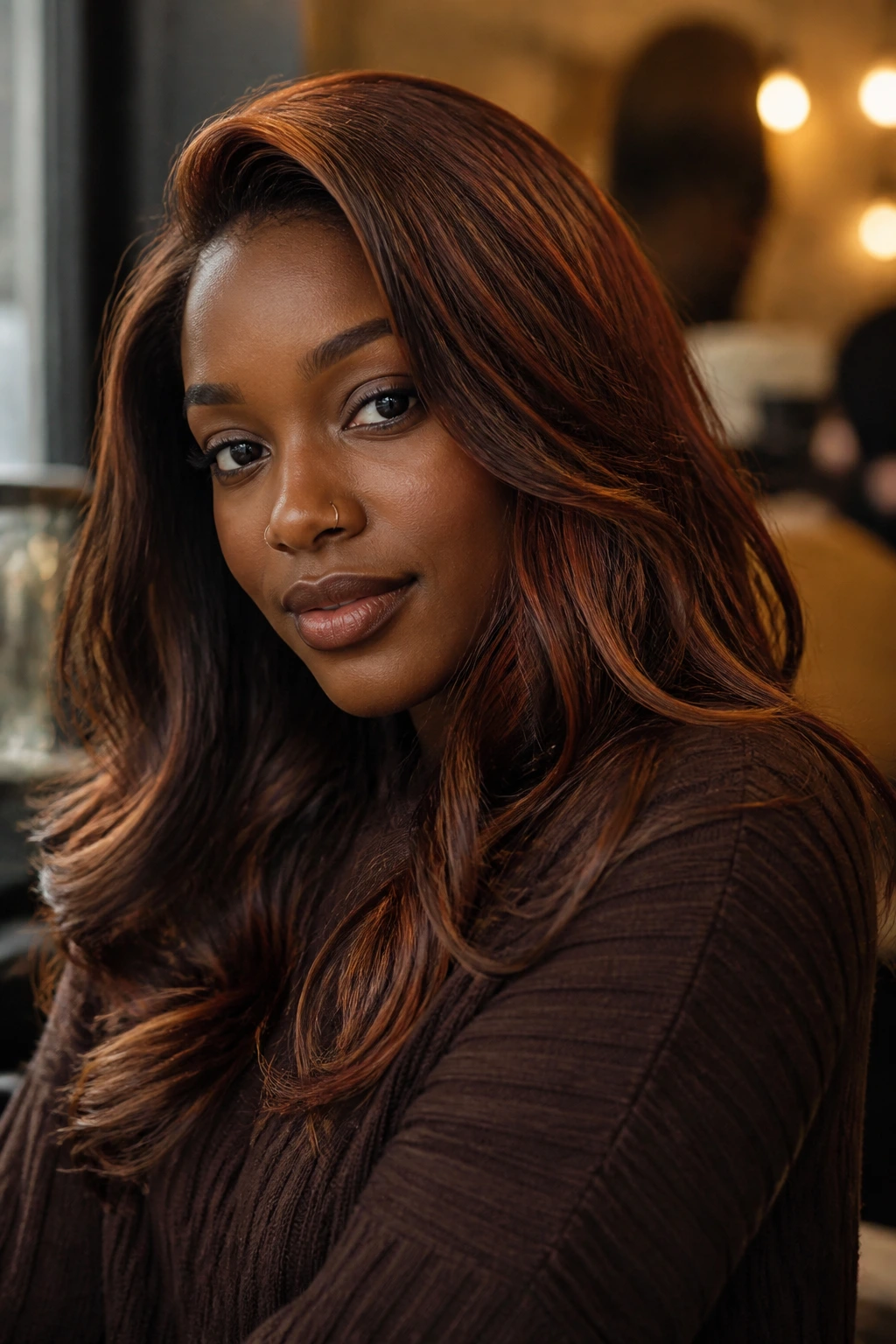 Close-up of a real woman with cinnamon spiced chocolate hair in warm ambient light