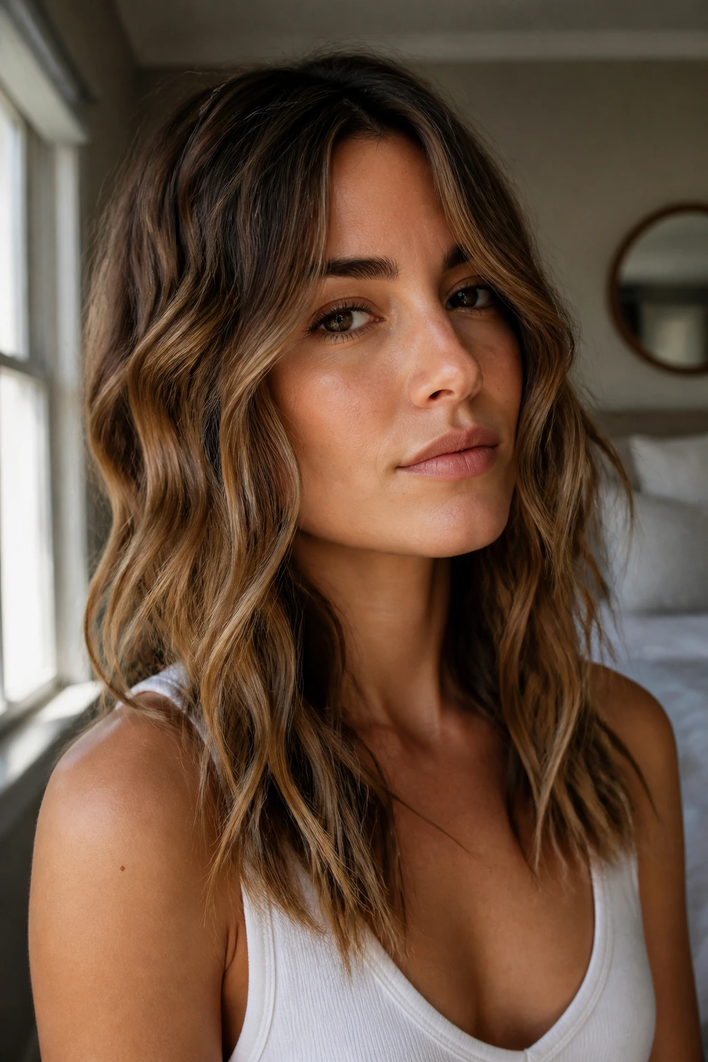 Close-up portrait of a real woman with beachy clamp-and-twist waves framing her face