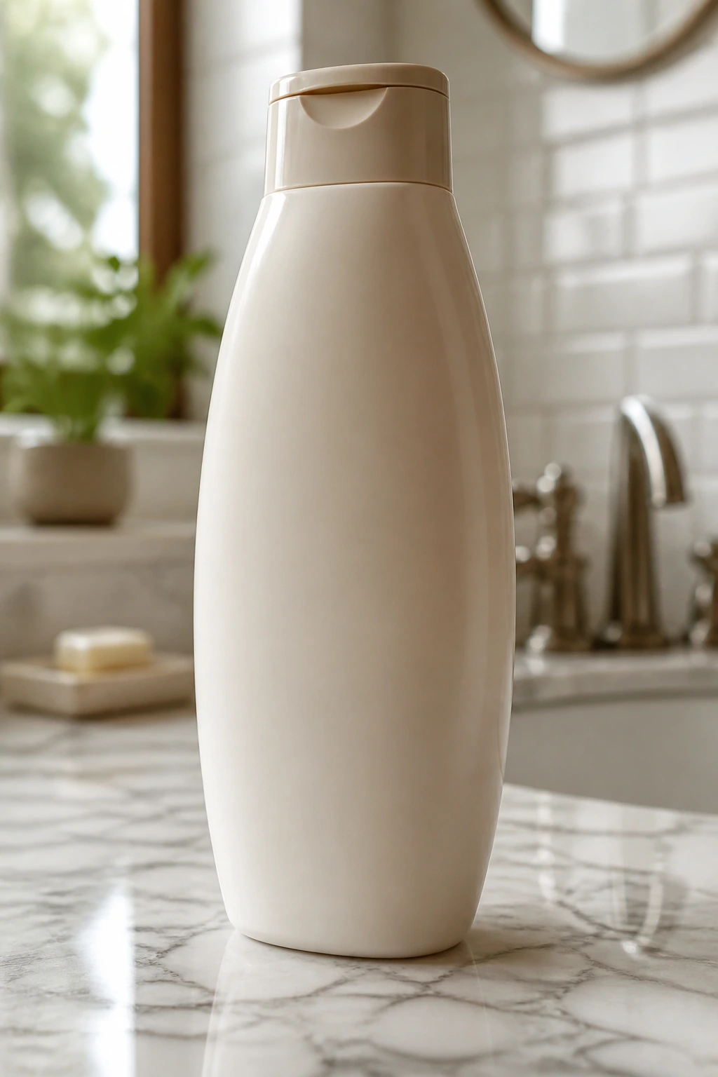 Close-up of an unlabeled clarifying shampoo bottle on a bathroom counter, natural light.