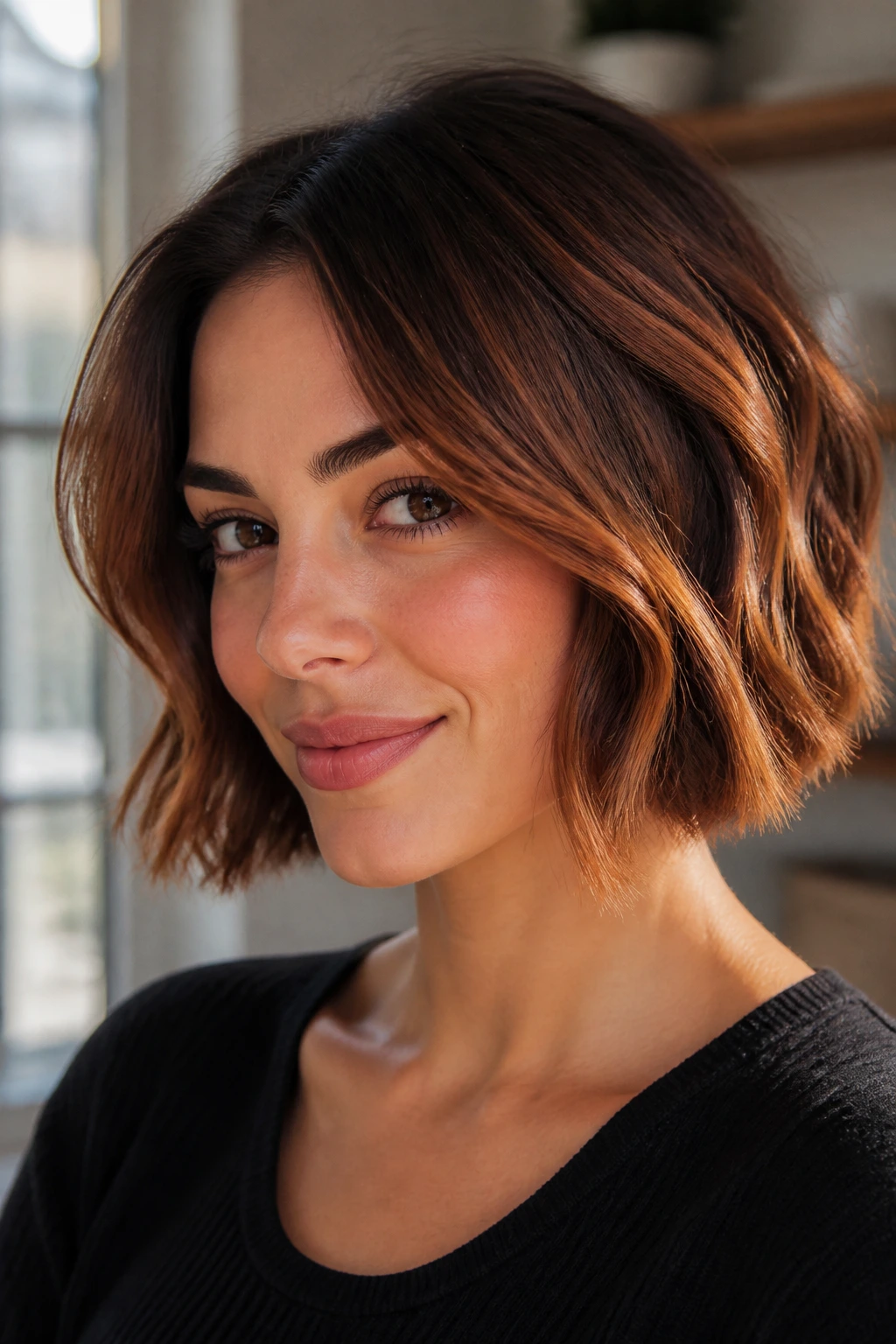 Close-up of a real woman with a copper balayage on a classic bob